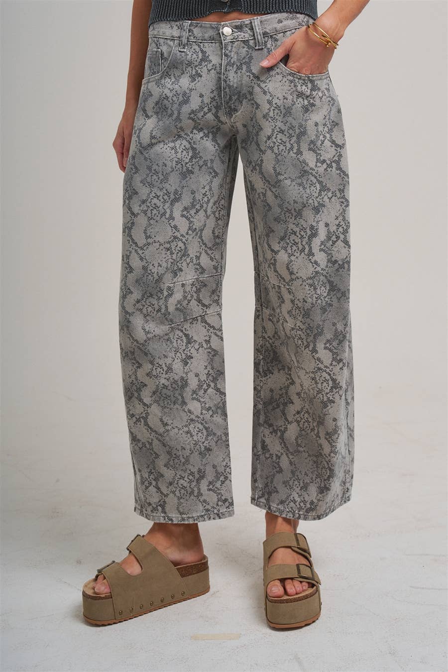 VINTAGE SNAKESKIN PRINT TWILL DENIM BARREL PANTS