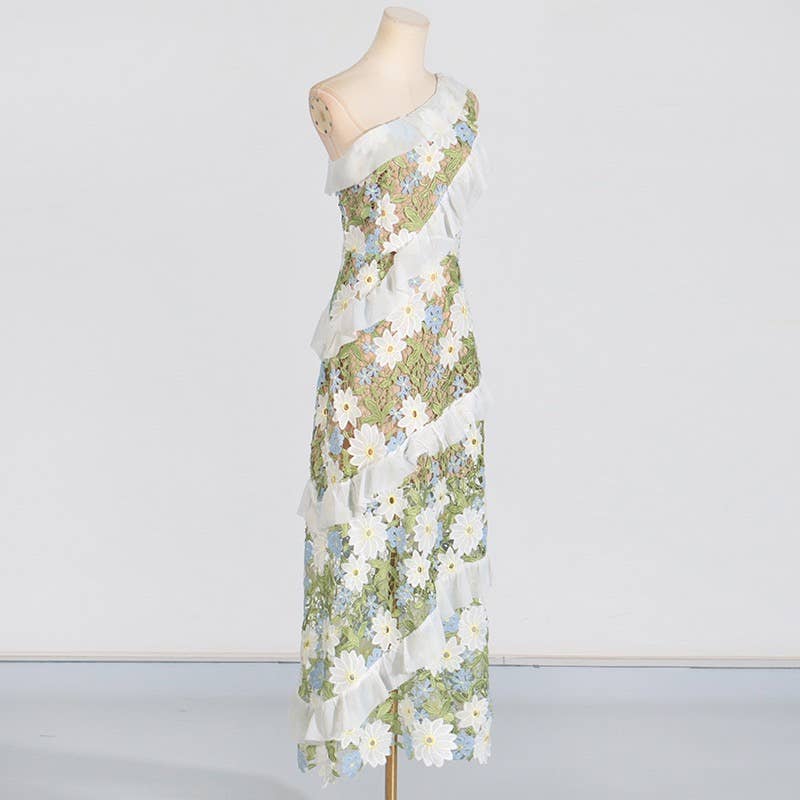 DR409 Floral Embroidered One-Shoulder Ruffle Maxi Dress