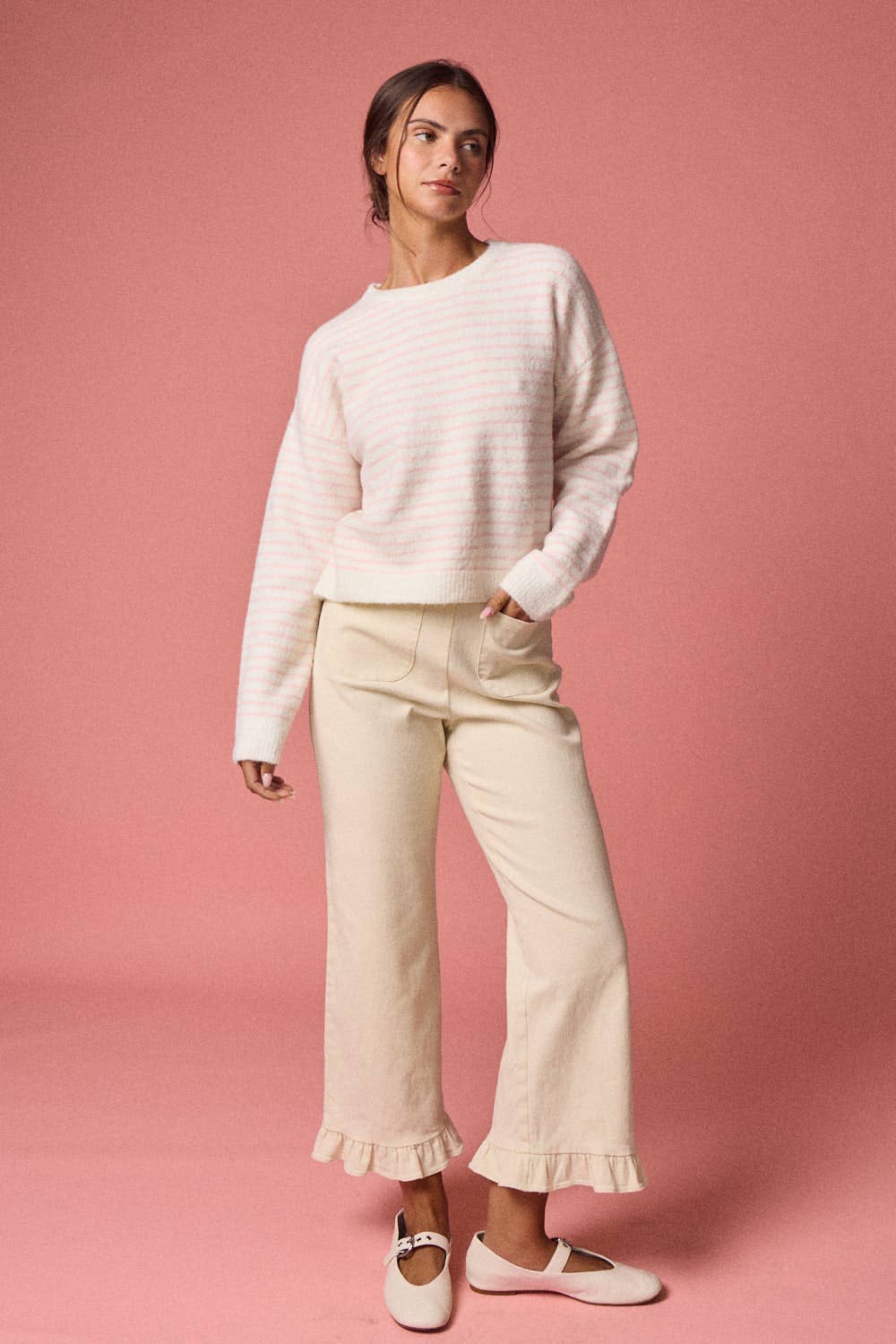 Whisper-stripe Brushed Crewneck Sweater