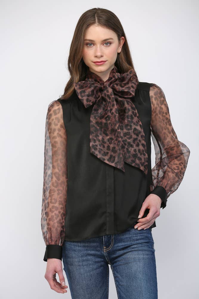 MIXED MEDIA SELF TIE NECKLINE DETAIL BLOUSE