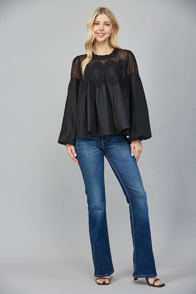 LACE APPLIQUE DETAIL MIXED MEDIA LONG SLV BLOUSE