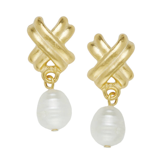 Gold Small Texas X's with Freshwater Pearl Earrings  - Susan Shaw