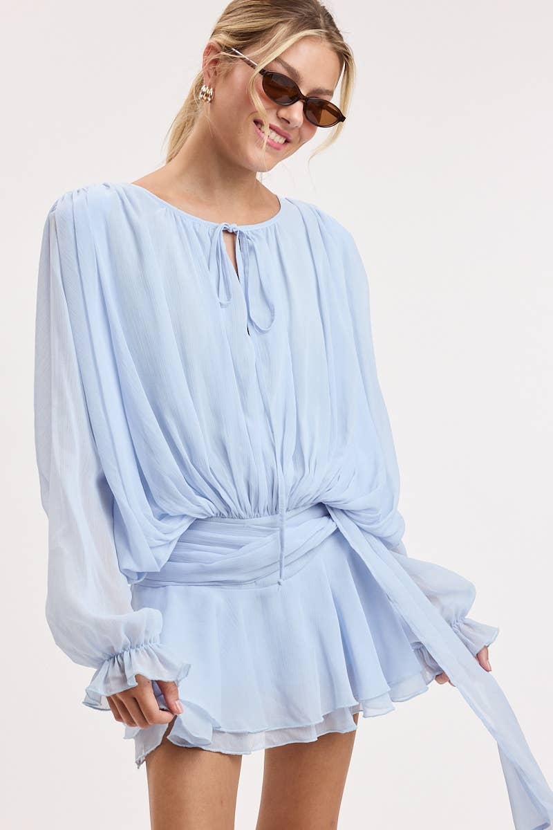 CRINKLE CHIFFON SHOULDER PAD RUFFLE MINI DRESS