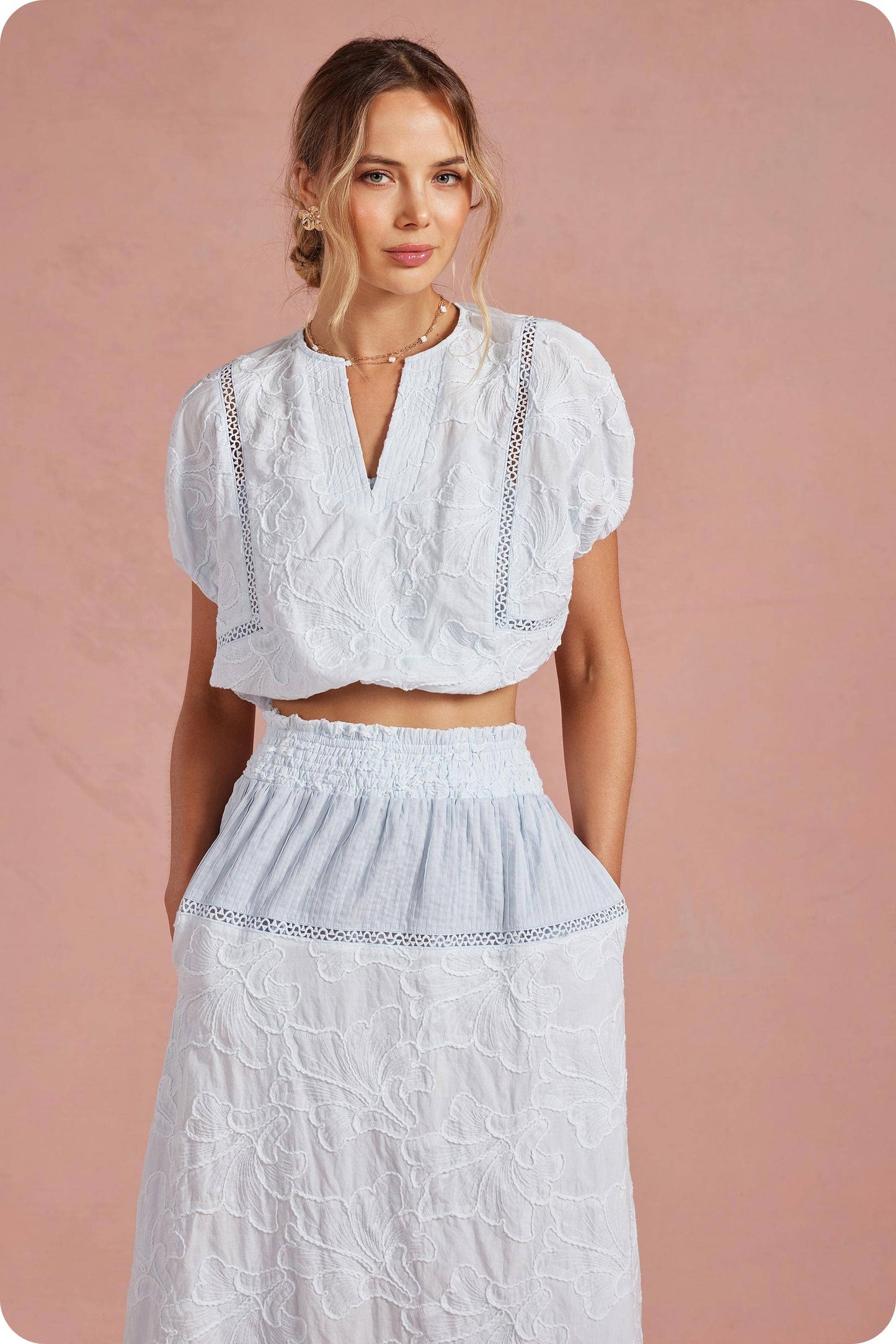 Floral Embroidery Cotton Lace Trim Skirt Top Set