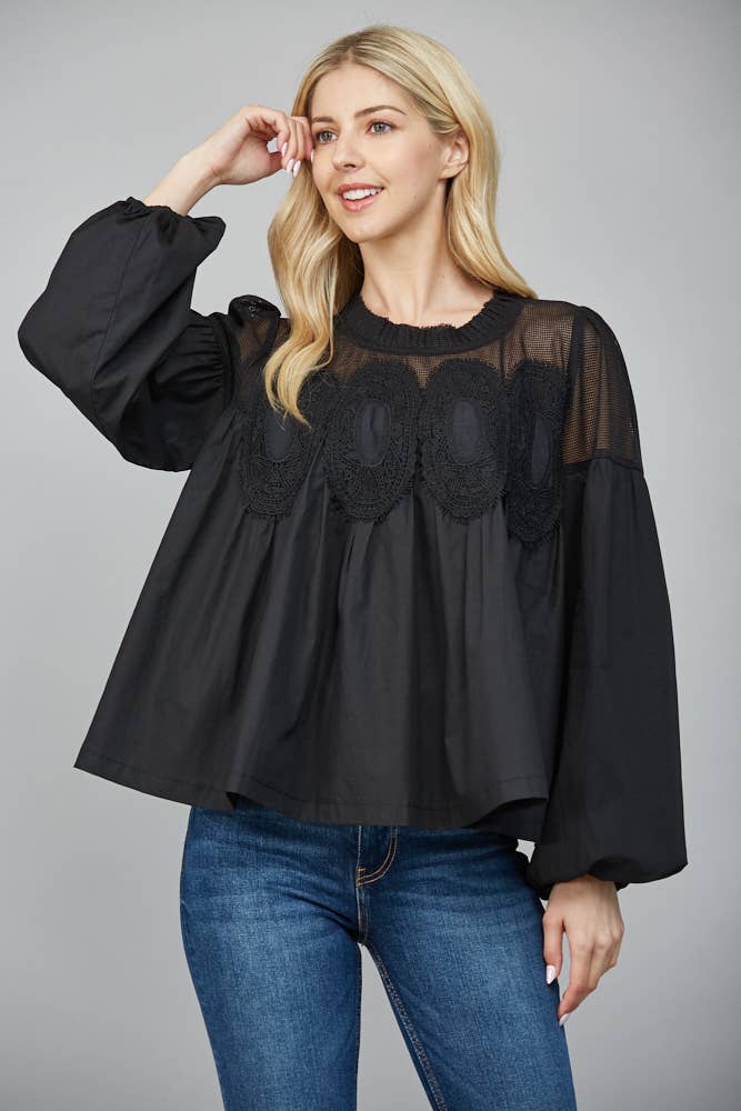 LACE APPLIQUE DETAIL MIXED MEDIA LONG SLV BLOUSE