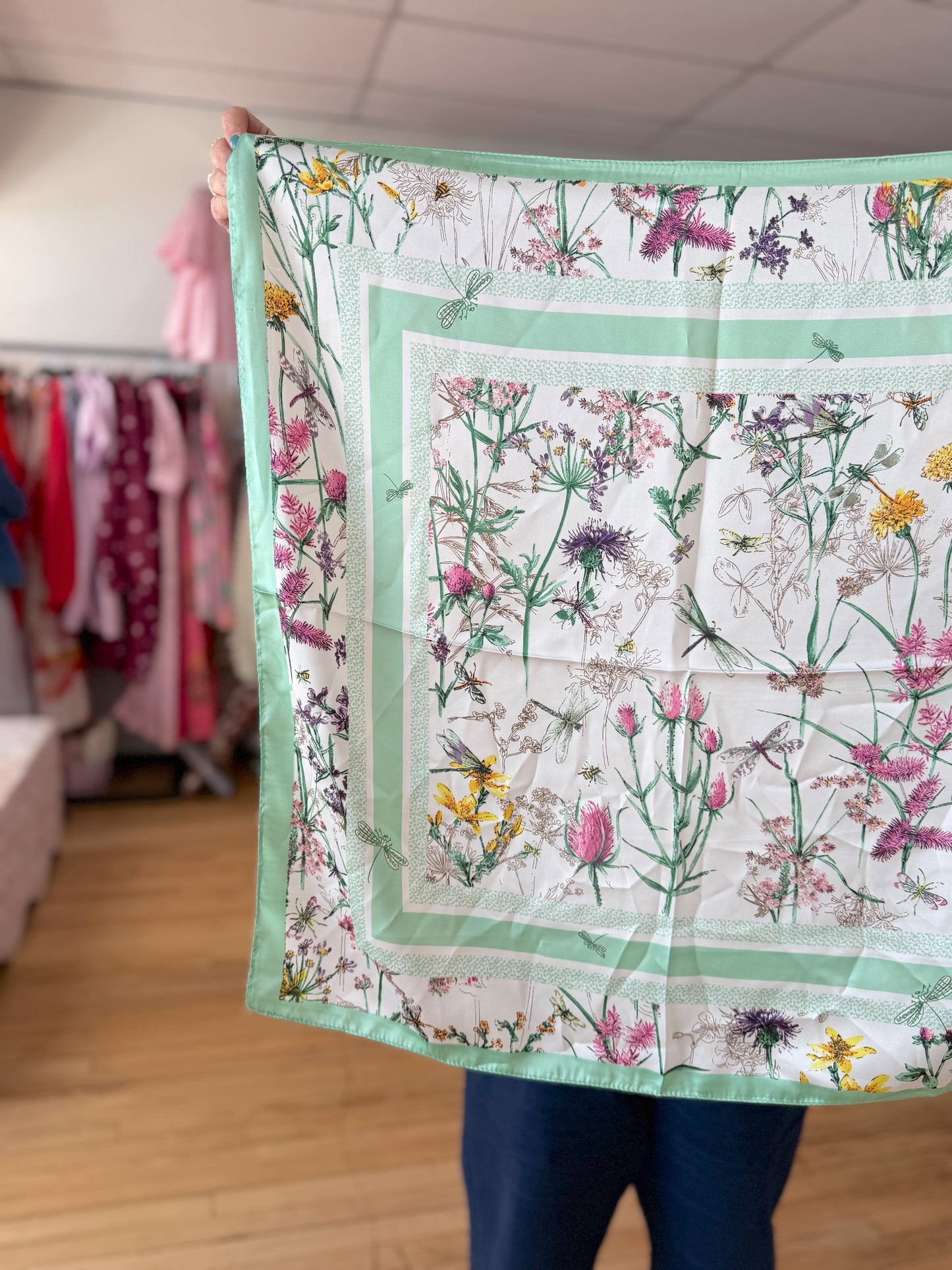 Green silk floral scarf