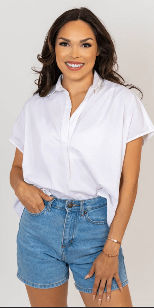 Solid Poplin Collar Vneck Top - Karlie