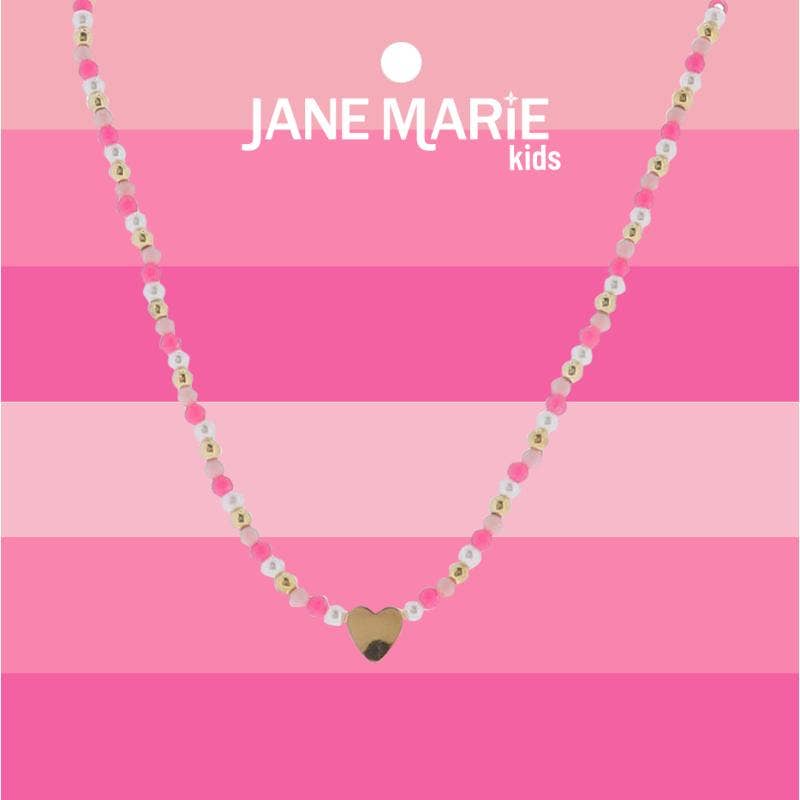 Kids 14" Pink, Pearl, Gold Beaded Necklace with Gold Heart