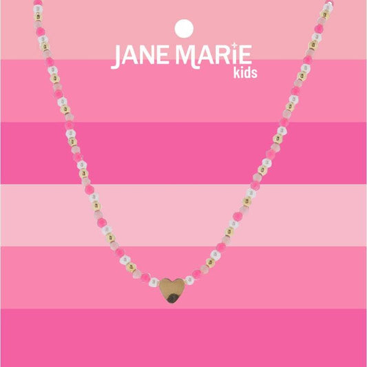 Kids 14" Pink, Pearl, Gold Beaded Necklace with Gold Heart