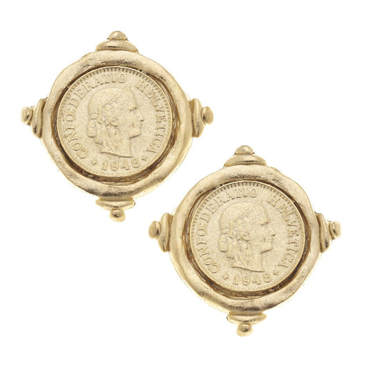 Gold Intaglio Coin Pierced Earrings  - Susan Shaw