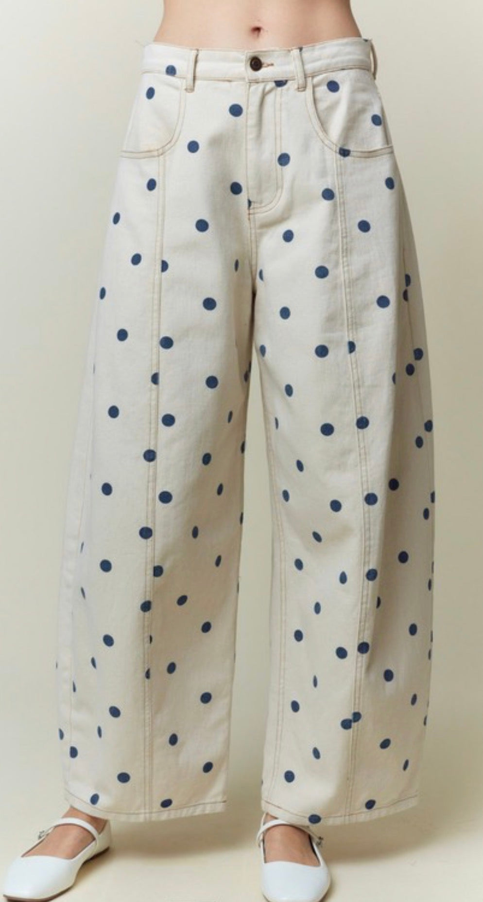Polka Dot Denim Pant - navy