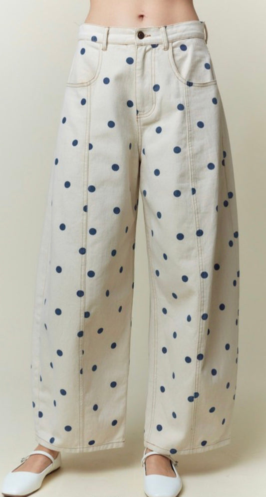 Polka Dot Denim Pant - navy