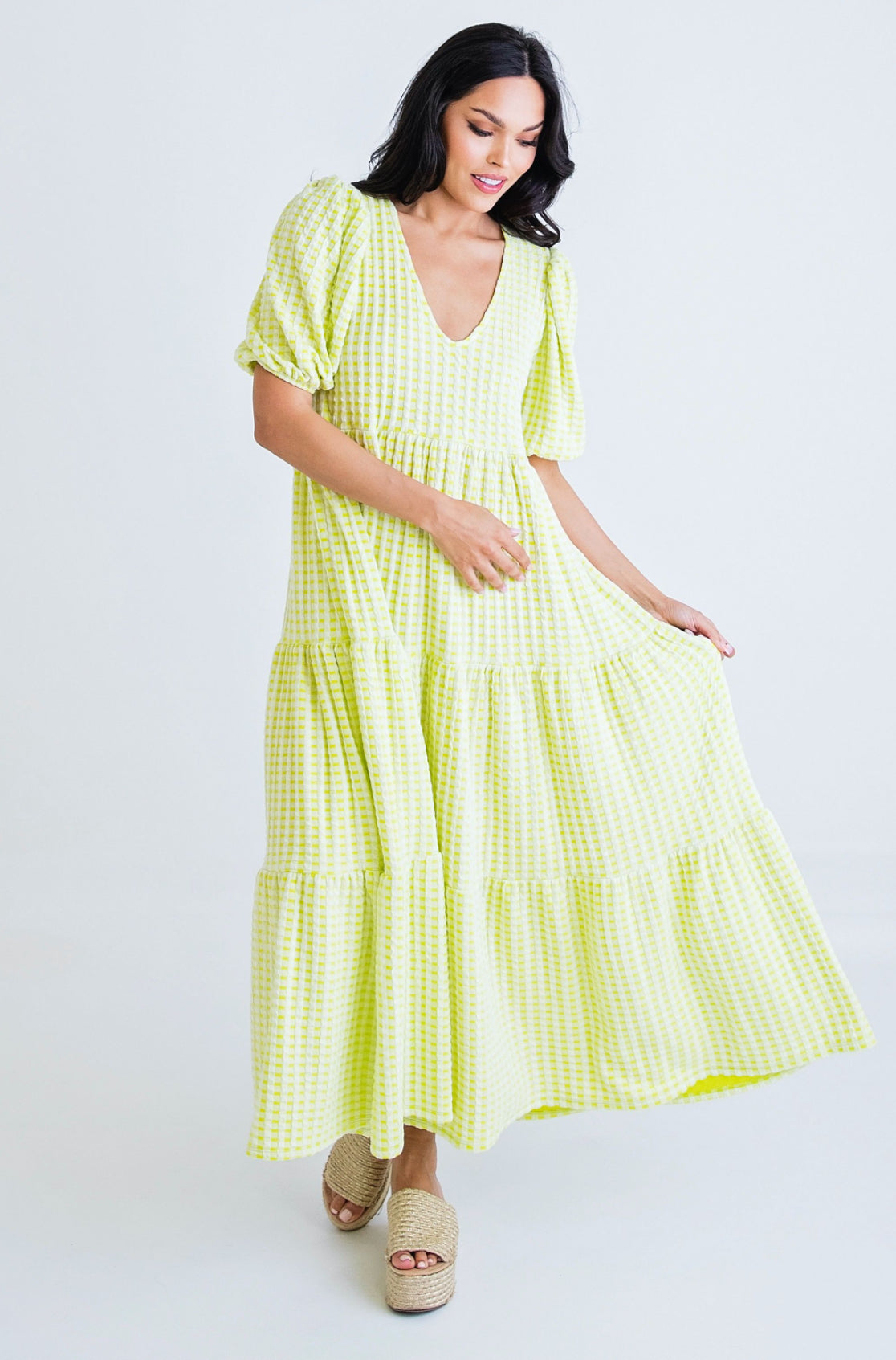 Yellow Check Plaid Puff Maxi Dress by KARLIE