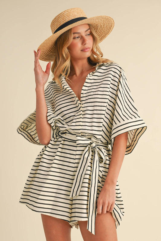 STRIPED RELAXED FIT BELTED SHORT SLEEVE ROMPER