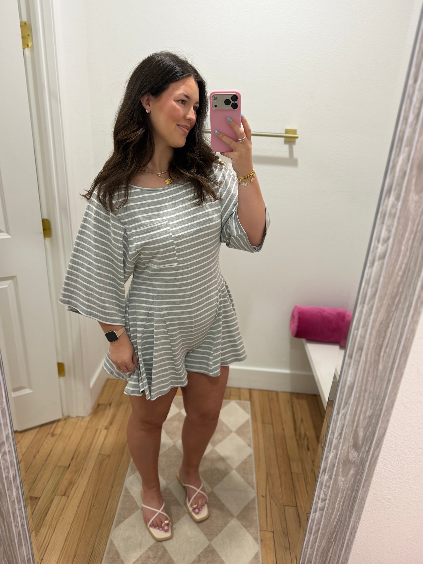 heather grey striped flowy romper
