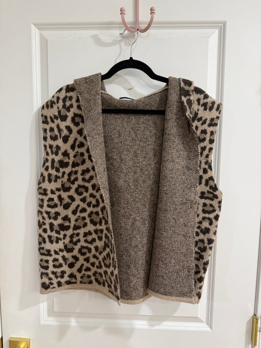 Leopard hooded vest cardigan