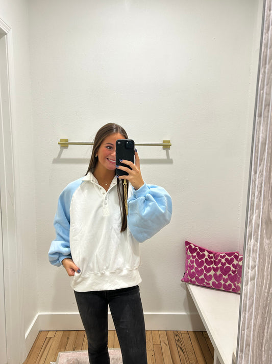 piper snap button sweatshirt sky blue/white