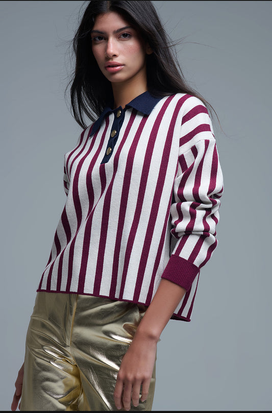 Knitted Striped Polo Sweater in Burgundy