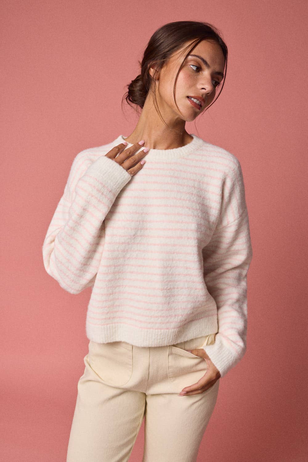 Whisper-stripe Brushed Crewneck Sweater