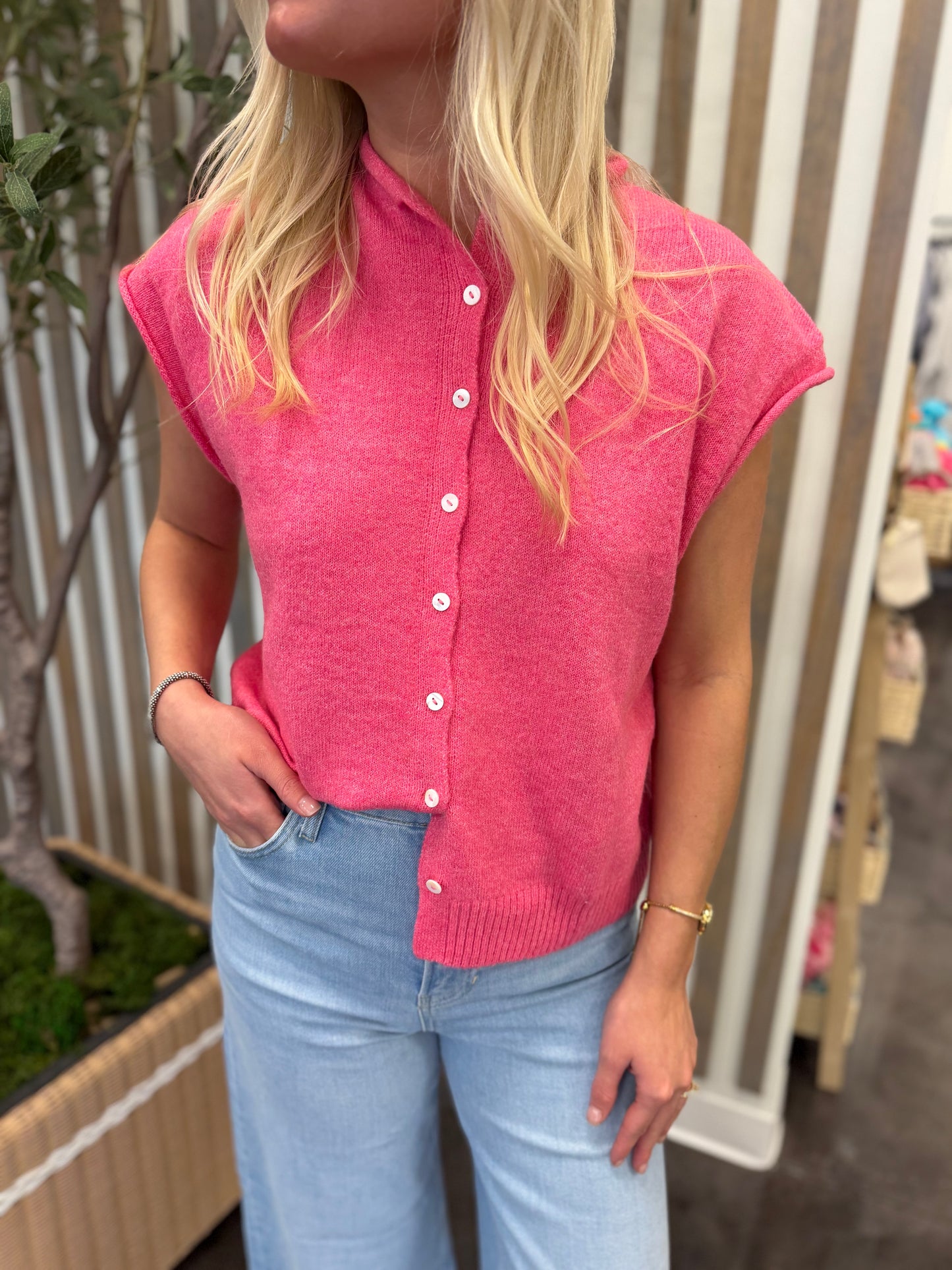 bubblegum pink sweater vest cardigan