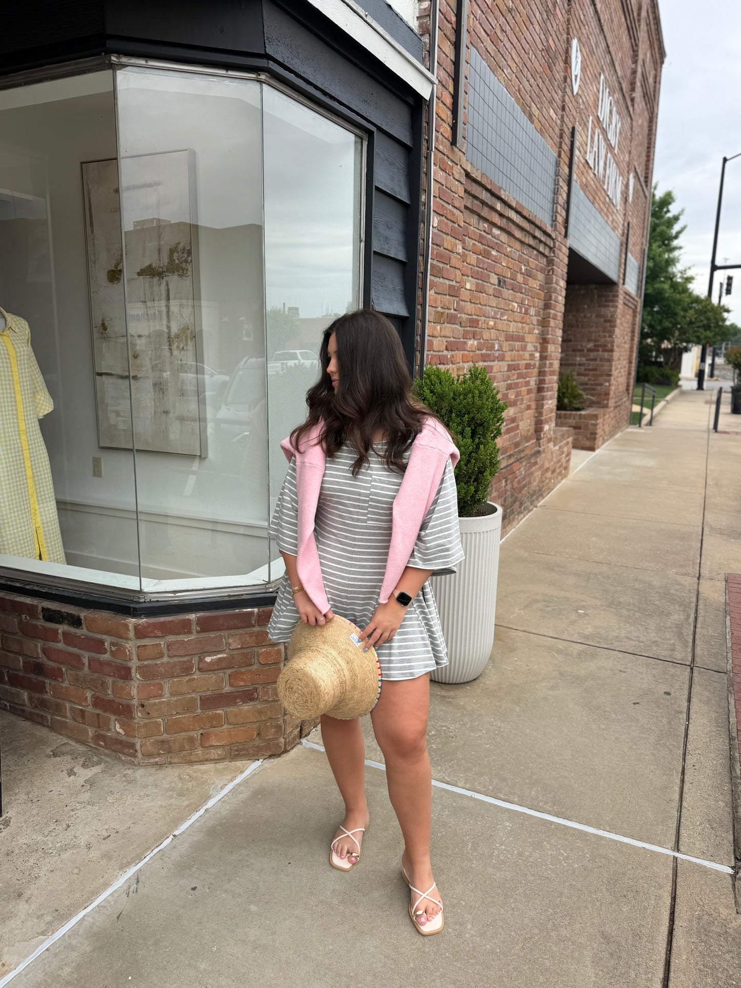 heather grey striped flowy romper