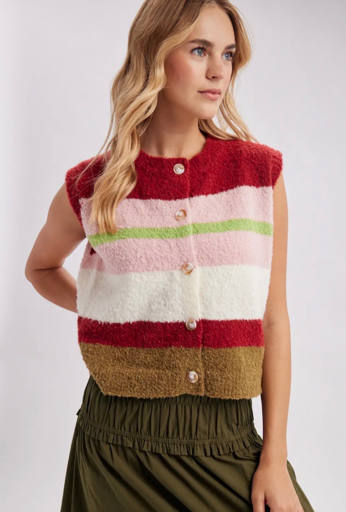 Striped Sherpa button vest top