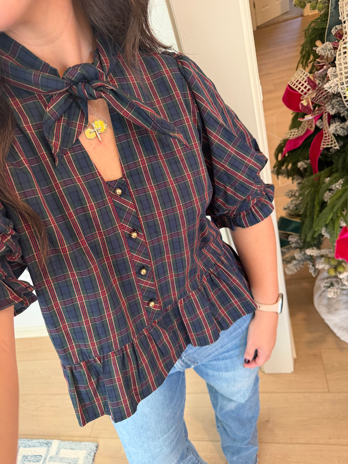 Navy plaid tie top