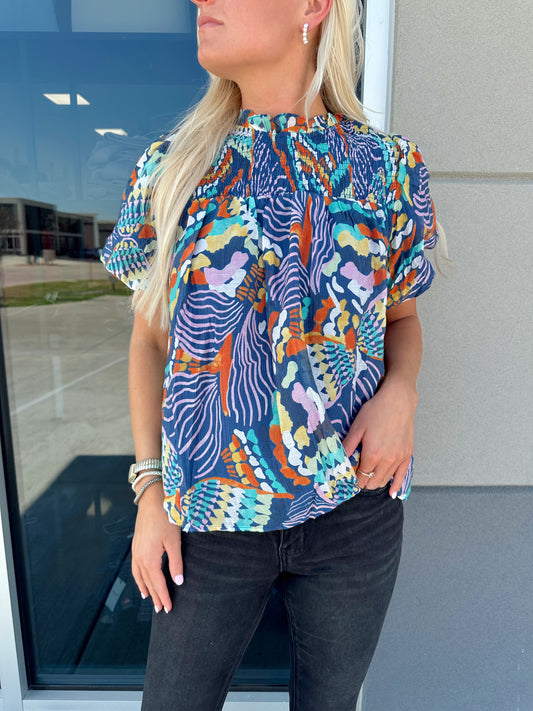 Blue printed puff sleeve top