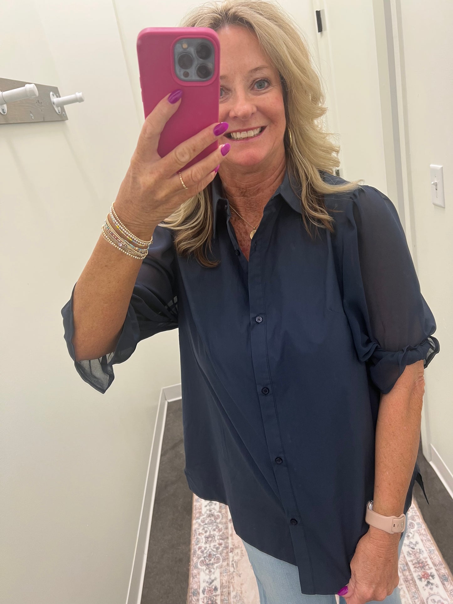 Navy Chiffon sleeve blouse