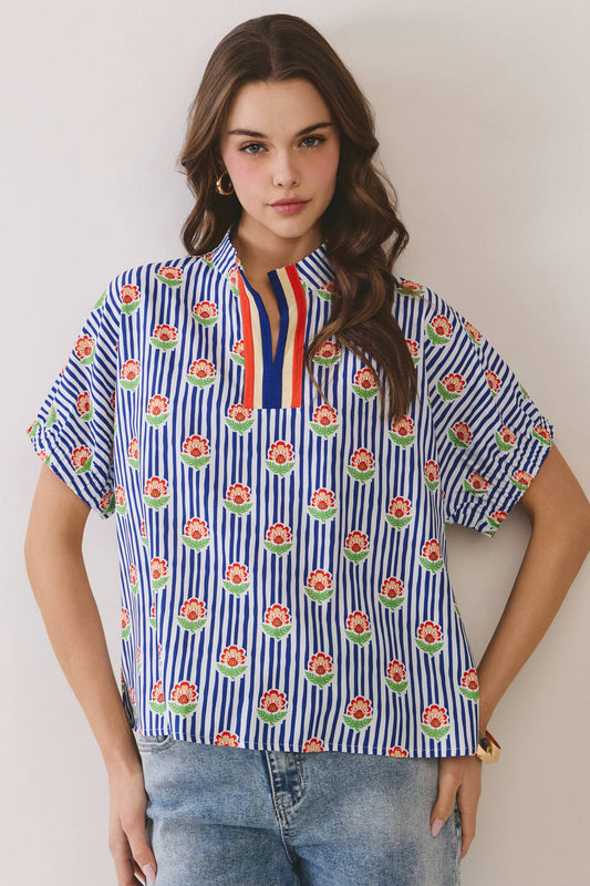 Floral Stripe Print Split Neck Blouse