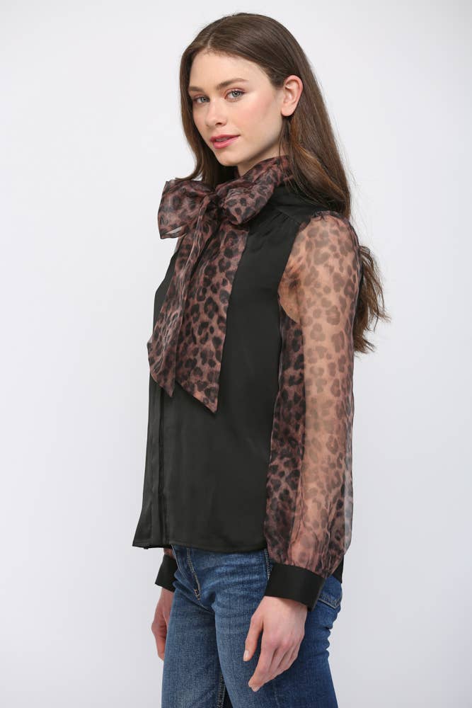 MIXED MEDIA SELF TIE NECKLINE DETAIL BLOUSE