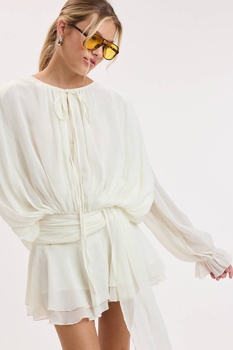 CRINKLE CHIFFON SHOULDER PAD RUFFLE MINI DRESS
