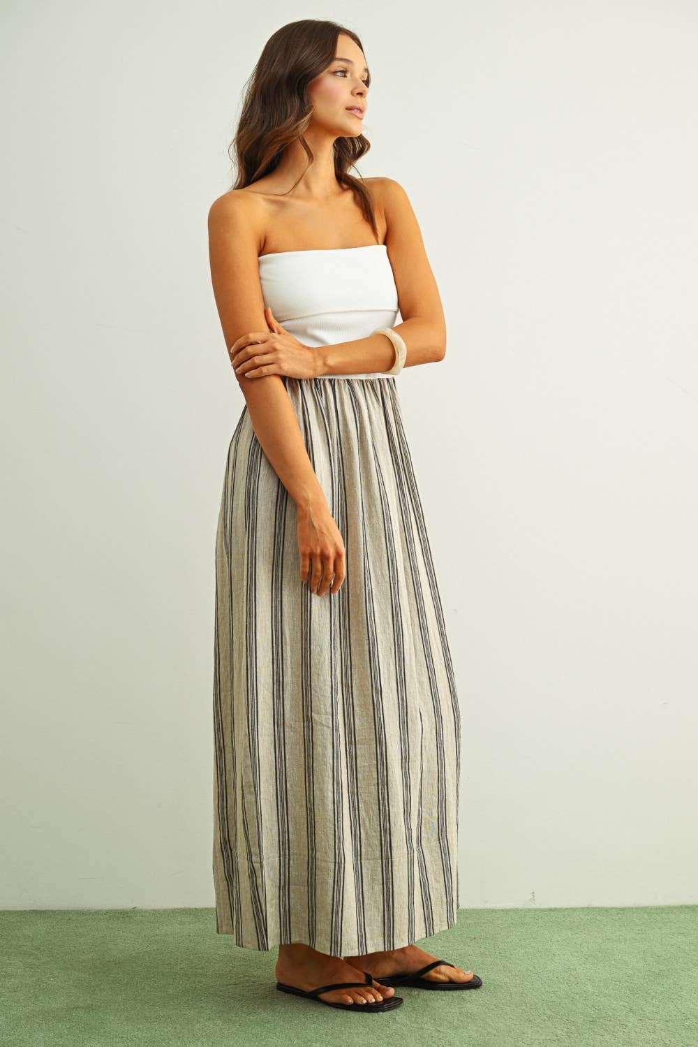 STRIPED PATTERN KNIT WITH RIBBED TOP COMBINATION DRESS