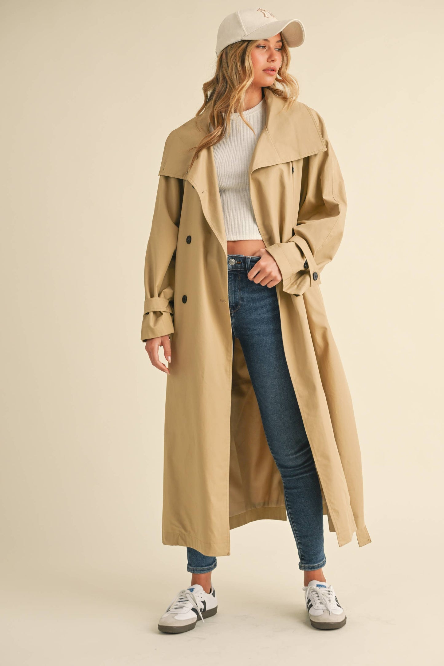 LONG OVERSIZED BELTED TRENCH COAT WITH POCKETS