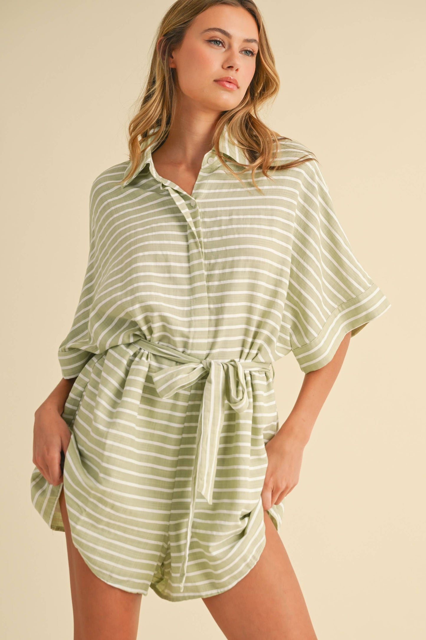 STRIPED RELAXED FIT BELTED SHORT SLEEVE ROMPER