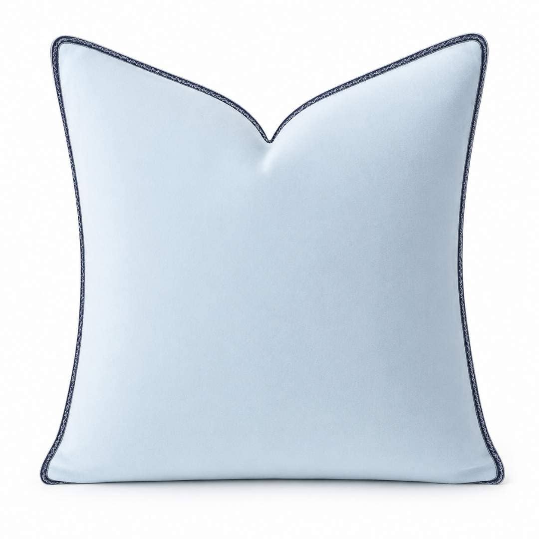 Light Blue Velvet Pillow with Navy Embroidery