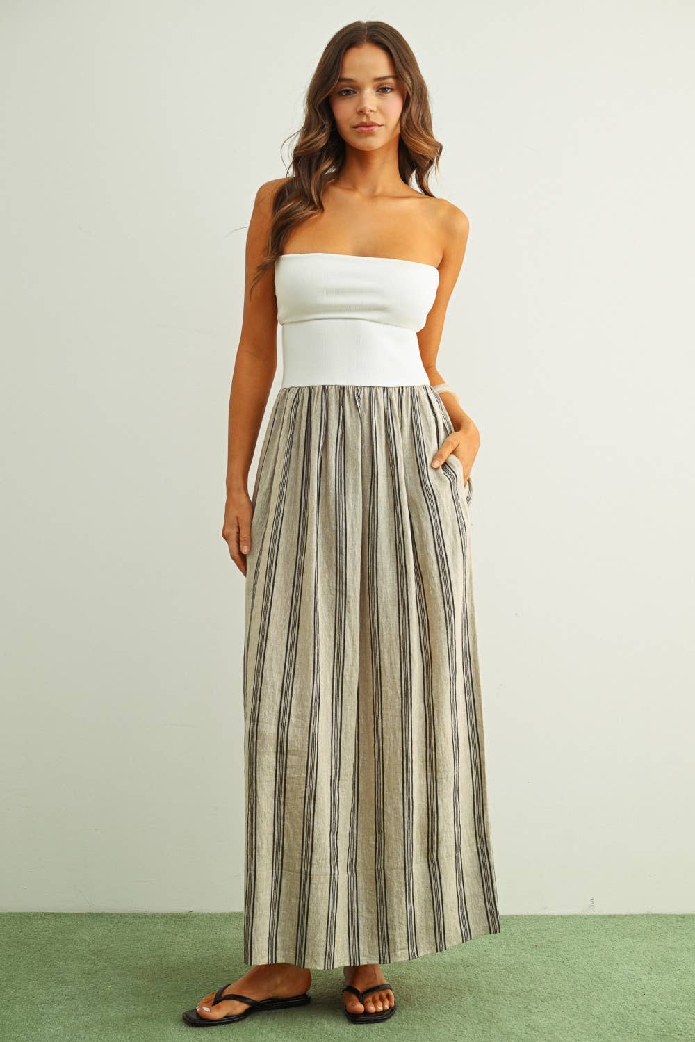 STRIPED PATTERN KNIT WITH RIBBED TOP COMBINATION DRESS