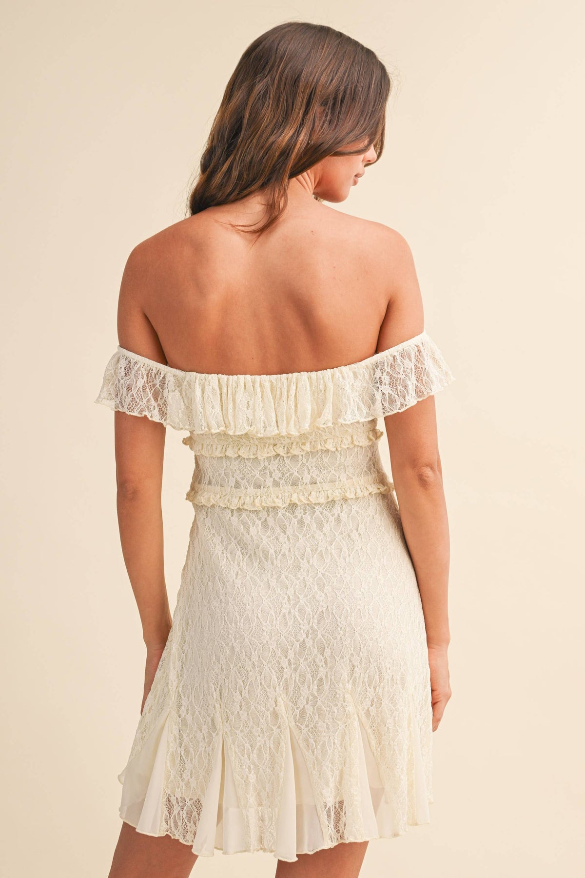 LACE OFF THE SHOULDER GODET FLARE MINI DRESS / FULLY
