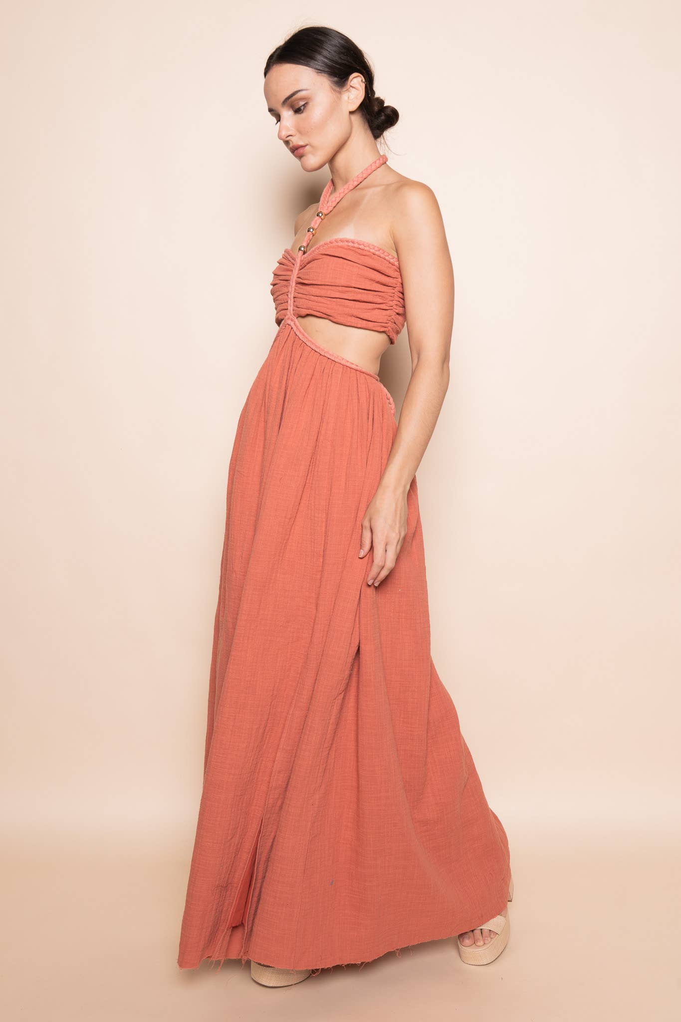 BRAIDED STRAP GOLD BEADIN CUT OUT WAIST MAXI DRESS