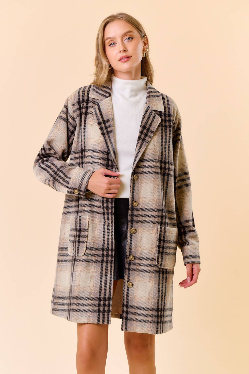 Plaid Front Button Closure Knee Length Coat