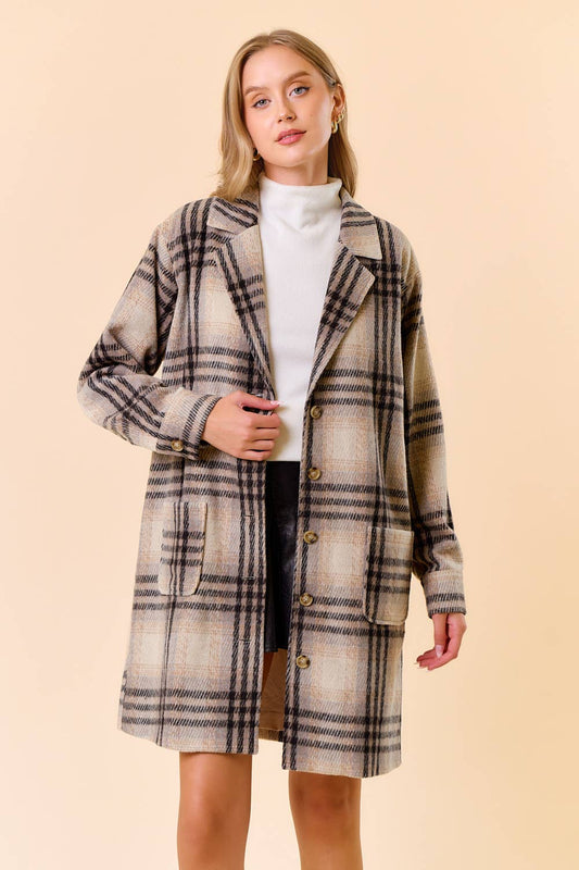Plaid Front Button Closure Knee Length Coat