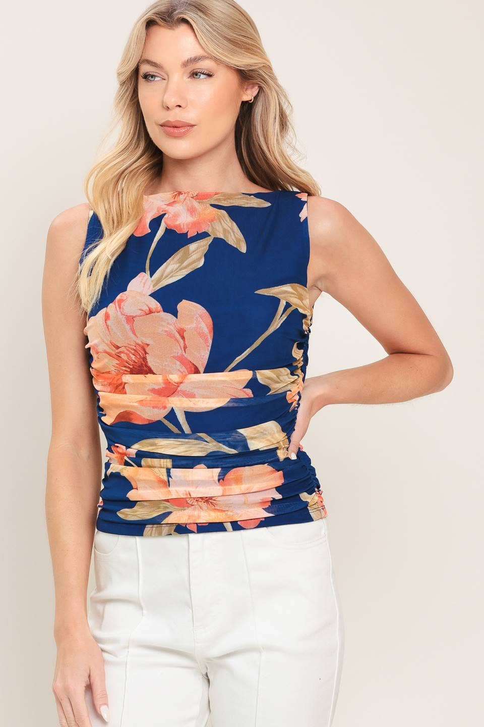 A printed power mesh tank top