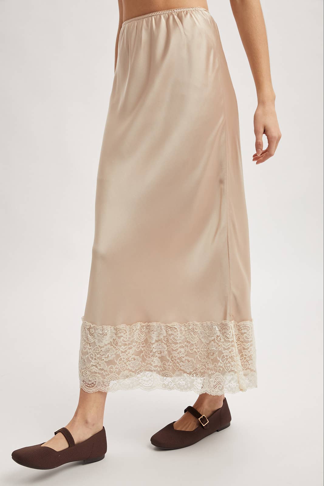 LACE TRIM SATIN MIDI SKIRT