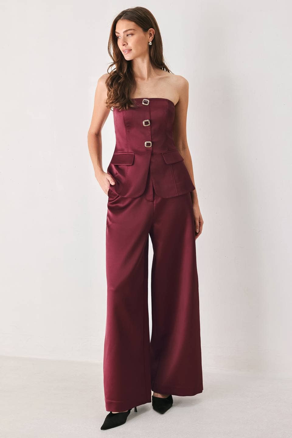 solid woven wide leg pant BURGUNDY