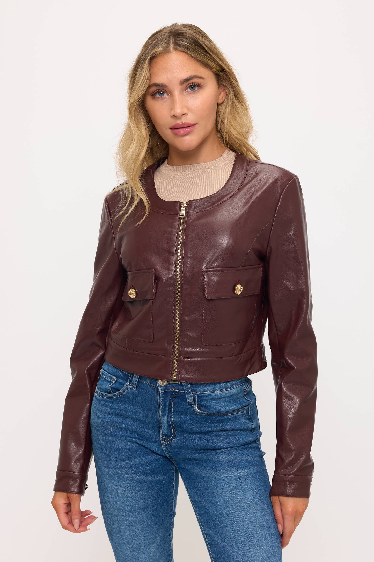 Cropped Faux Leather Jacket with Pocket Detail