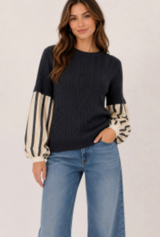 Black stripe balloon sleeve top