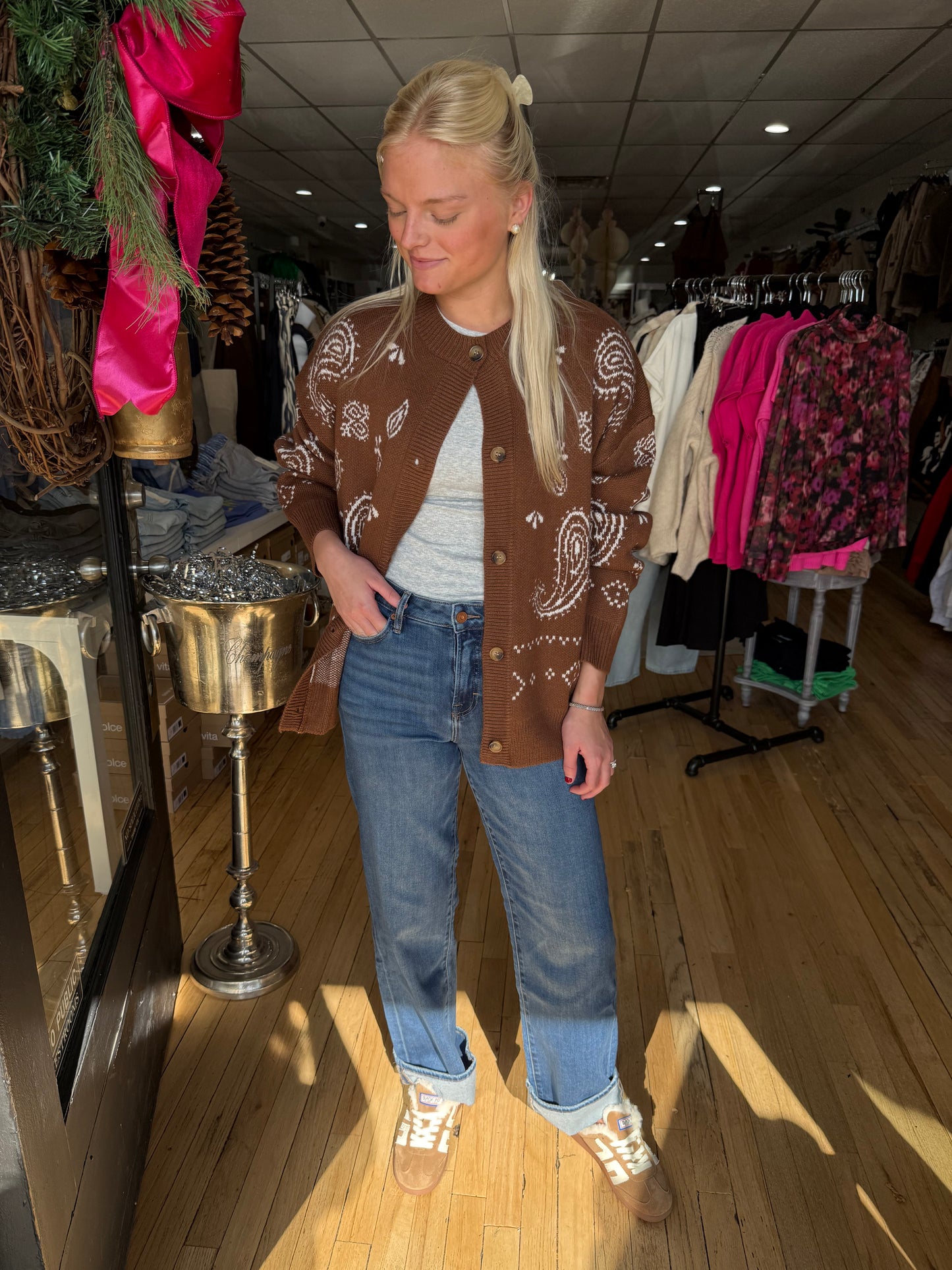 brown paisley cardigan