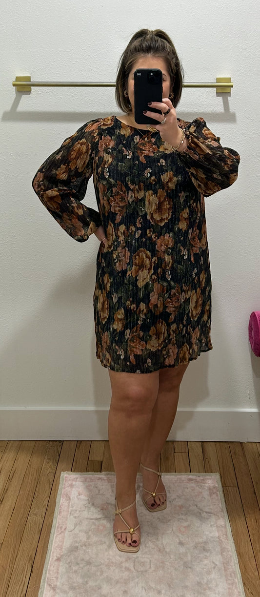 PLEATED LUREX FLOWER PRINT MINI DRESS