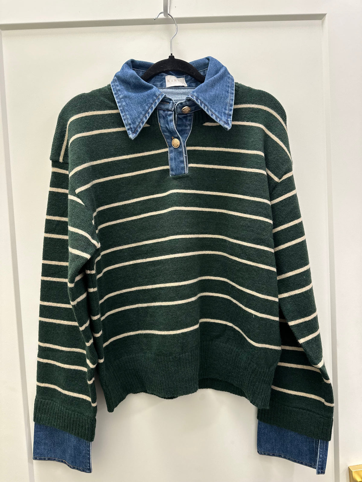 Stripe varsity denim collar sweater