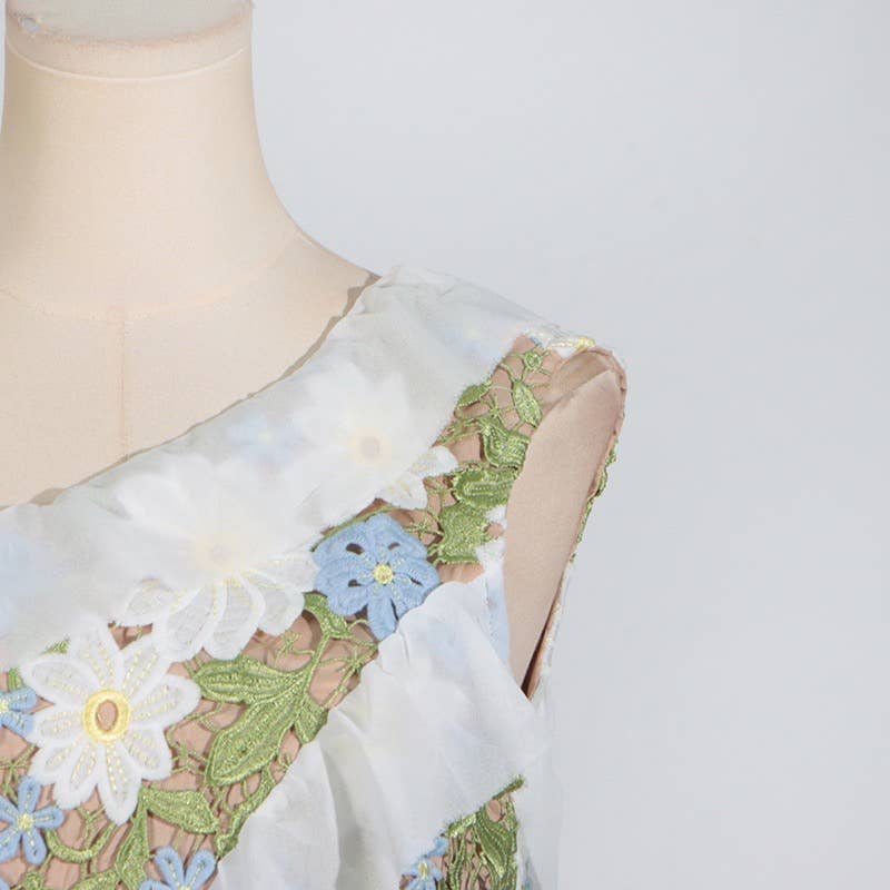 DR409 Floral Embroidered One-Shoulder Ruffle Maxi Dress